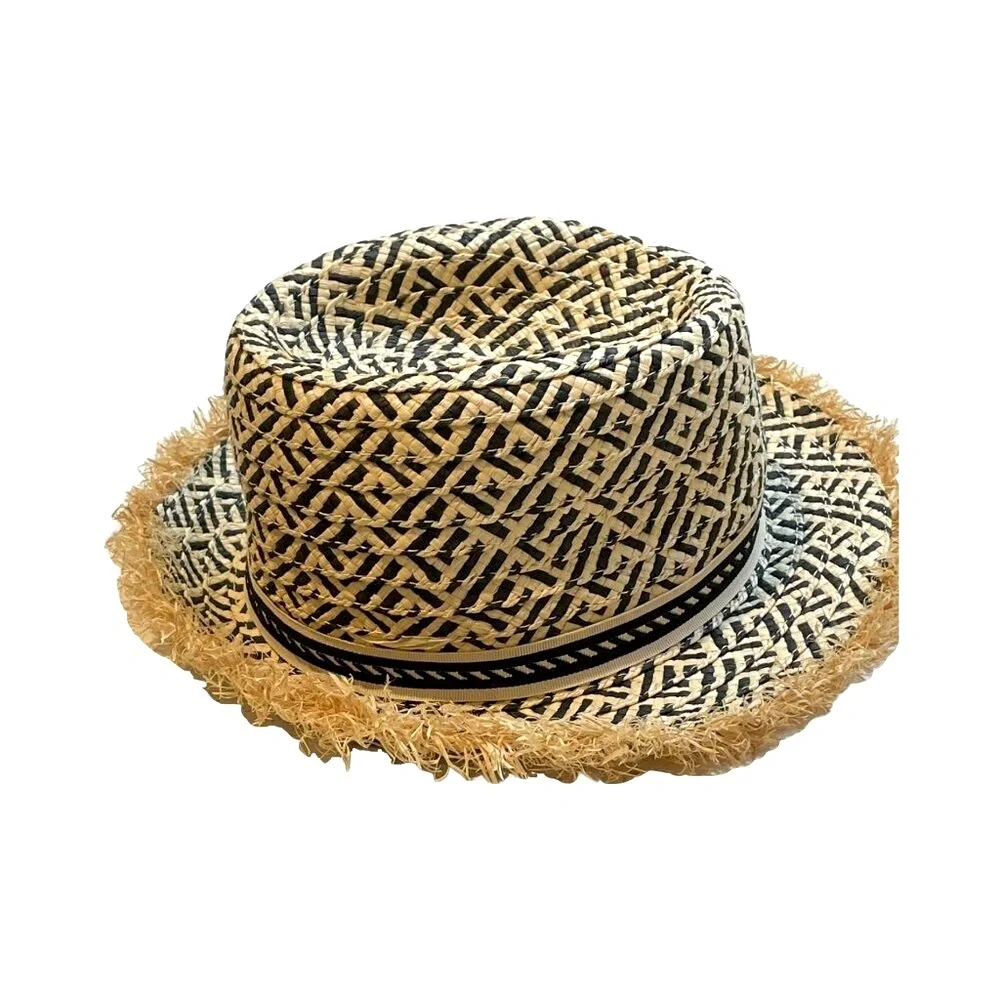 Kids Target Straw Fedora Sun Hat Black Tan Frayed Brim Hat Day NWOT